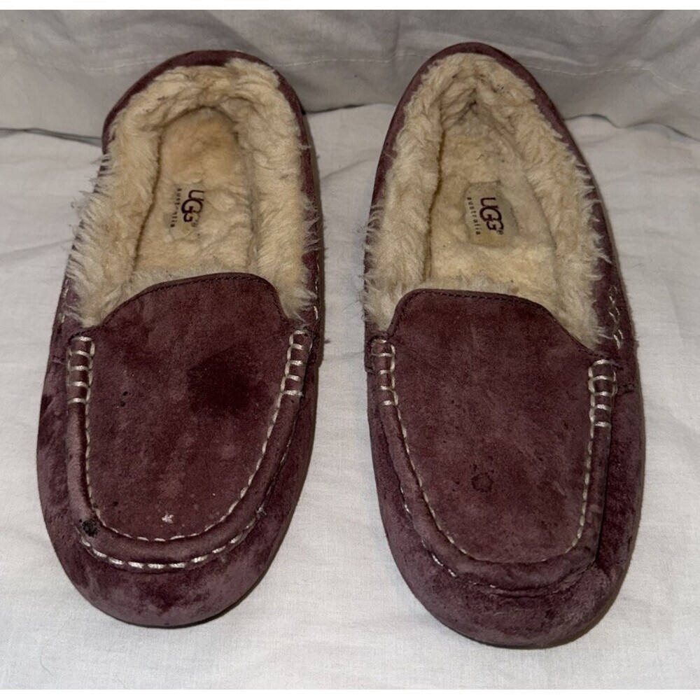 UGG Women Ansley Purple Suede Slippers Moccasin Shoes Wool Lined Size 7